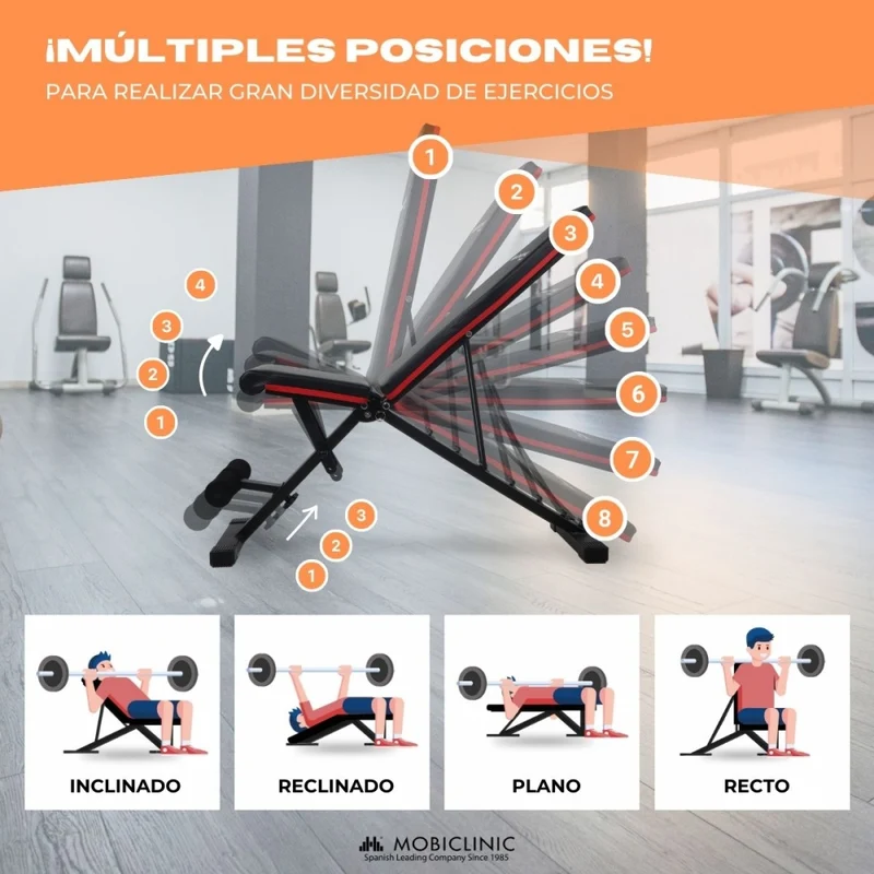 Multifunktionale Trainingsbank | Ultrakompakt faltbar | Max 120 kg | Verstellbar | Tragegriff | FlexFit | Mobiclinic