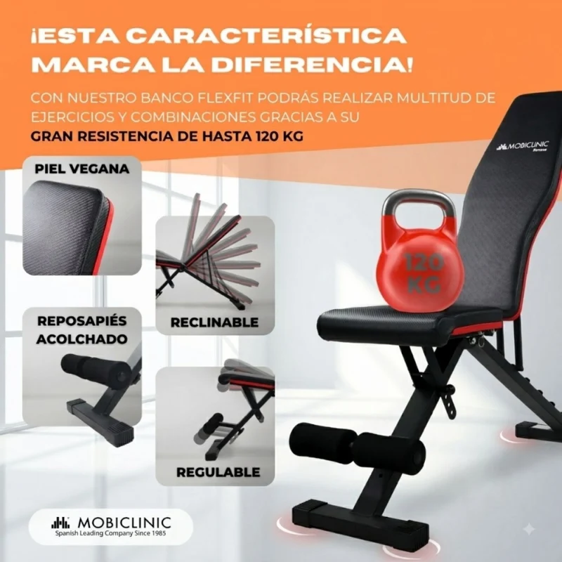 Multifunktionale Trainingsbank | Ultrakompakt faltbar | Max 120 kg | Verstellbar | Tragegriff | FlexFit | Mobiclinic