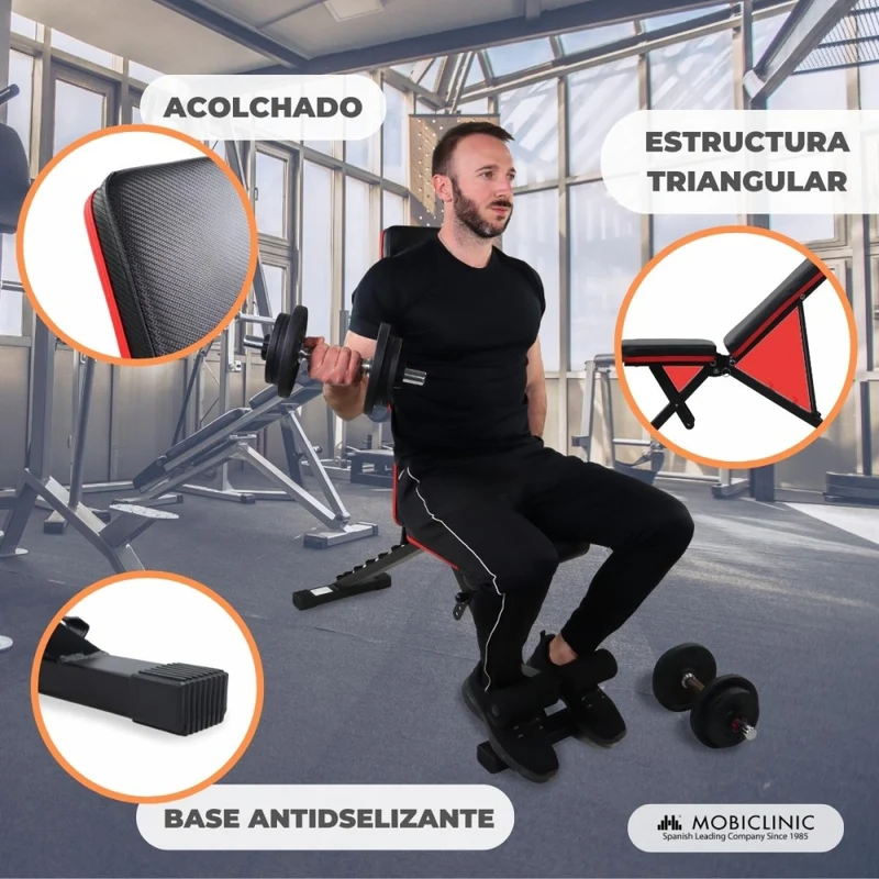 Multifunktionale Trainingsbank | Ultrakompakt faltbar | Max 120 kg | Verstellbar | Tragegriff | FlexFit | Mobiclinic