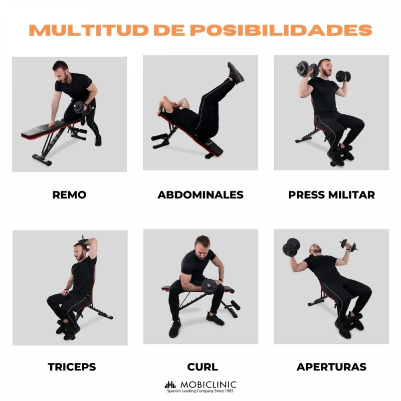 Multifunktionale Trainingsbank | Ultrakompakt faltbar | Max 120 kg | Verstellbar | Tragegriff | FlexFit | Mobiclinic