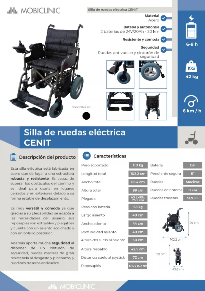 Elektrorollstuhl faltbar | Reichweite 20 km | Stahl | Motor | 24V | Schwarz | Modell: Cenit | Mobiclinic