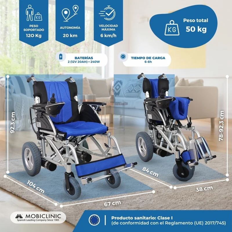 Elektrorollstuhl | Faltbar | Reichweite. 20 km | Aluminium | 24V | Blau & schwarz | Modell Lyra | Mobiclinic