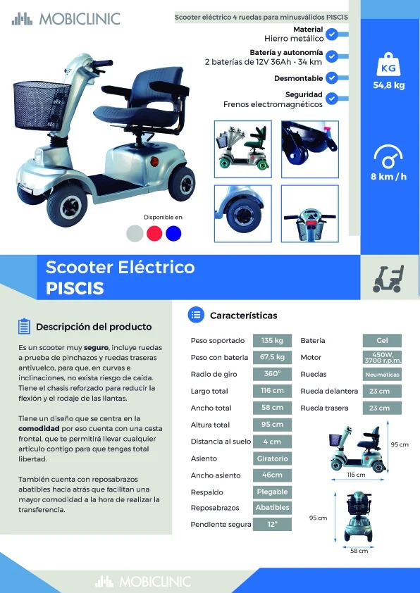 Elektromobil Senioren mit 4 Rädern | Kapazität 34 km | Dreh- und Klappsitz | 12V | Grau | Modell: Piscis | Mobiclinic