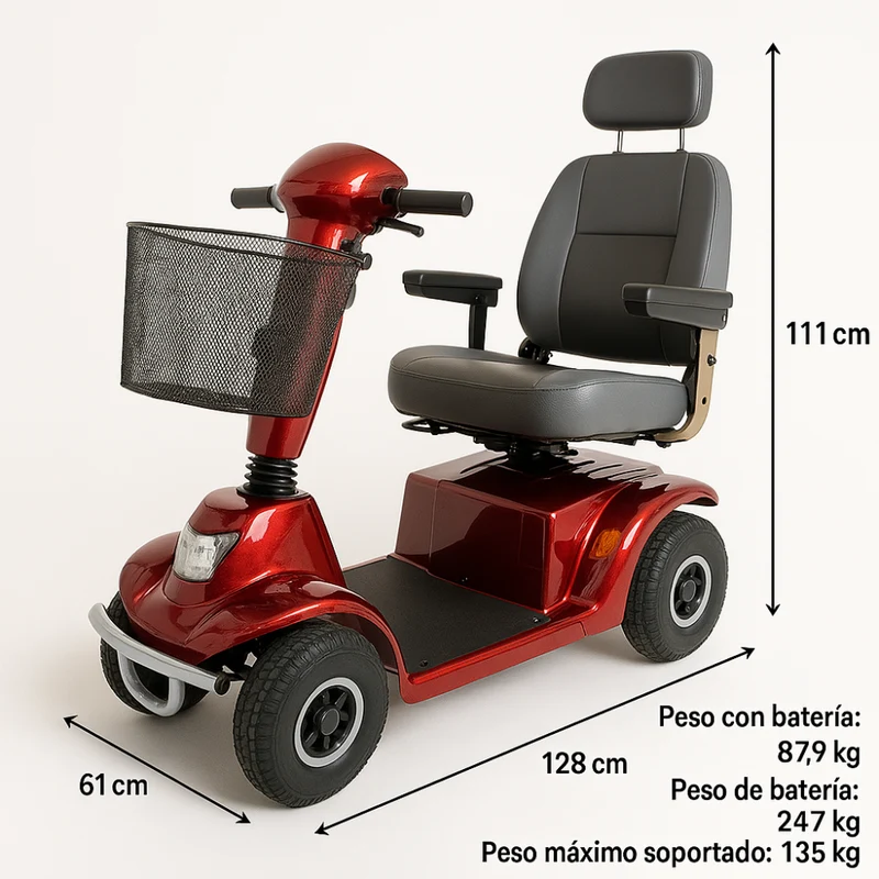 Scooter für Behinderte | 4 Räder | Premium | Abmontierbar | Kapazität 45 km | 12V | Bordeaux | Modell: Libra | Mobiclinic