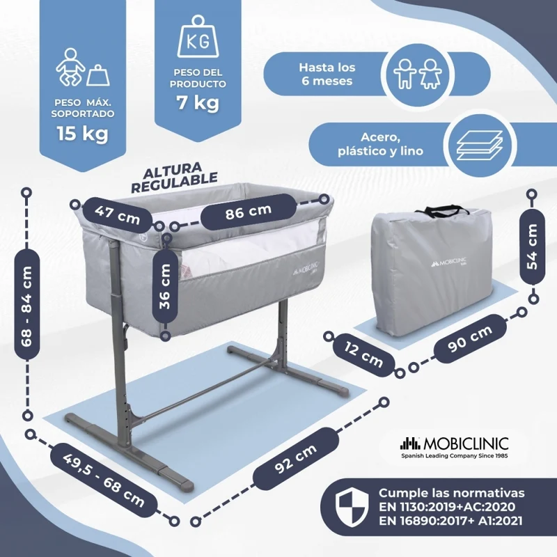 Beistellbett | Höhenverstellbar | Seitliche Öffnung | Bis 15 kg | Tragetasche | Einfache Montage | Moon | Mobiclinic