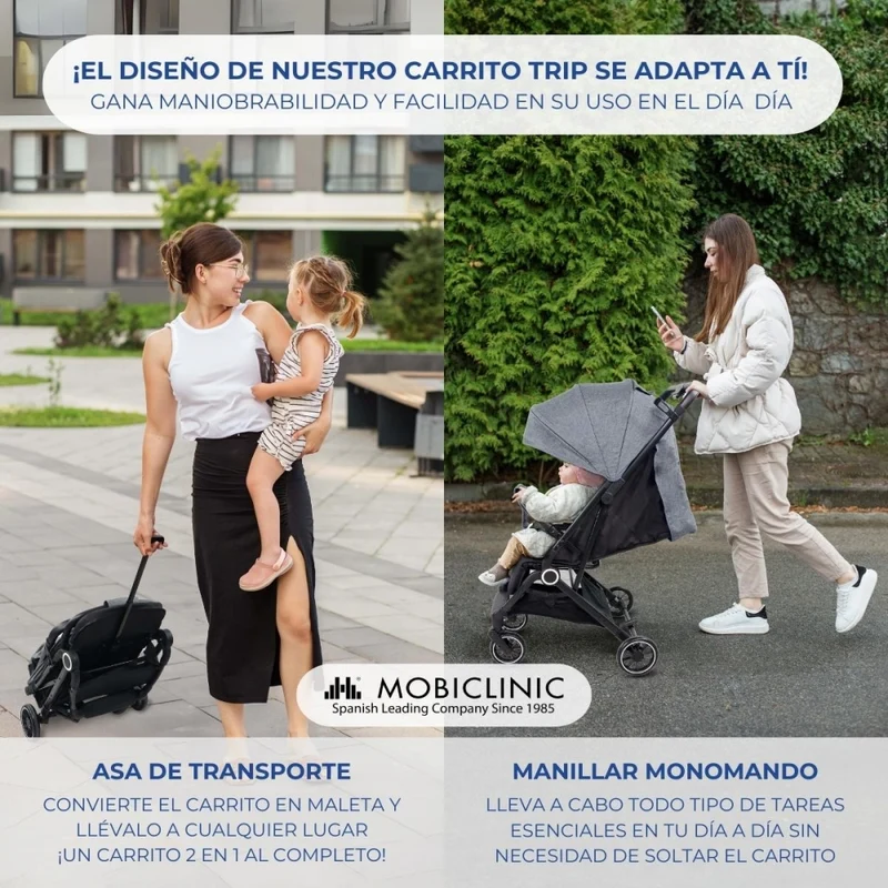 Kinderwagen |Kompakt |Faltbar |Einhebel |Für Reisen |Verstellbare Fußstütze |Max. 15kg |Grau |Trip | Mobiclinic