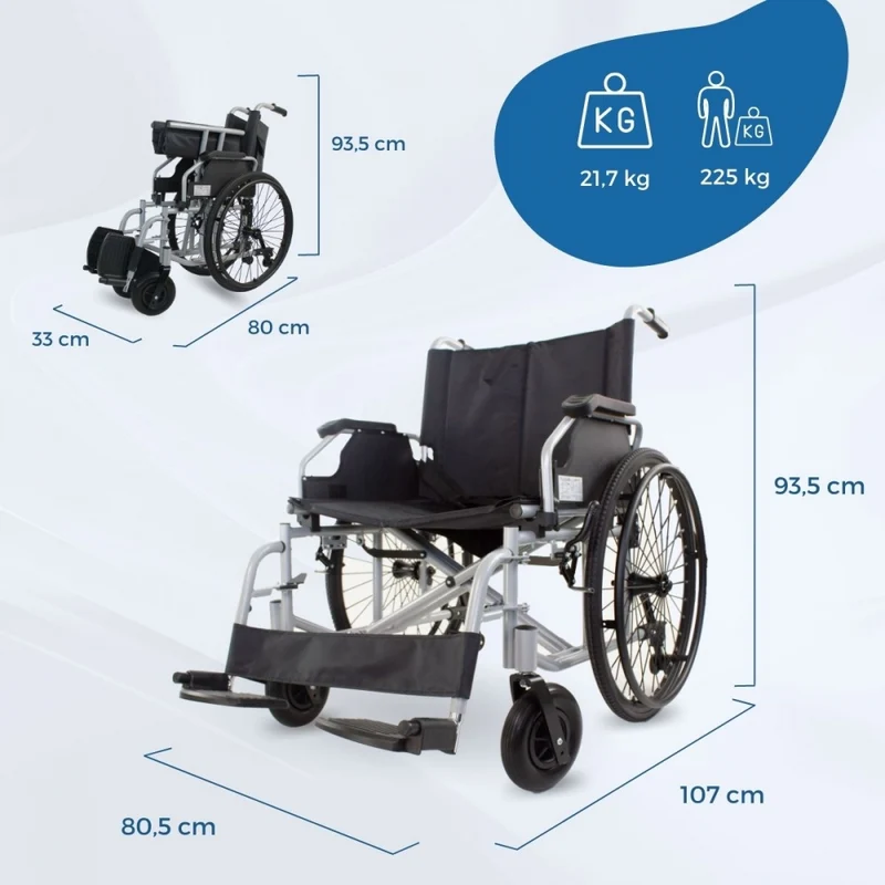Bariatrie-Rollstuhl | Breite 60 cm | Bis zu 225 kg | Abnehmbare Räder | Kippschutz | Selbstfahrend | Plus 225 | Mobiclinic