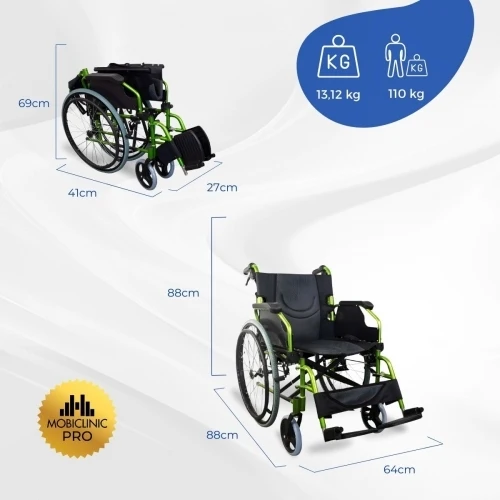 Paket Bolonia Plus | Faltrollstuhl | Grün | Aluminium | Anti-Dekubitus-Kissen | Viskoelastisch | Mobiclinic