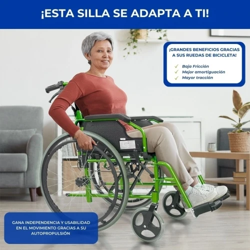 Paket Bolonia Plus | Faltrollstuhl | Grün | Aluminium | Anti-Dekubitus-Kissen | Viskoelastisch | Mobiclinic