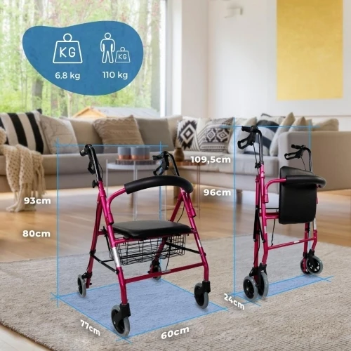 Paket Escorial Plus | Klappbarer Gehwagen | Rosa | Bremsen an Hebeln | Anti-Dekubitus-Kissen | Viskoelastisch | Mobiclinic
