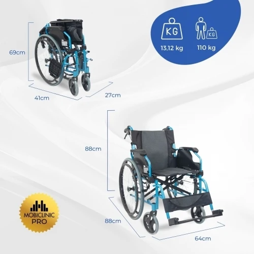 Paket Bolonia Plus | Faltrollstuhl | Blau | Aluminium | Anti-Dekubitus-Kissen | Viskoelastisch | Mobiclinic