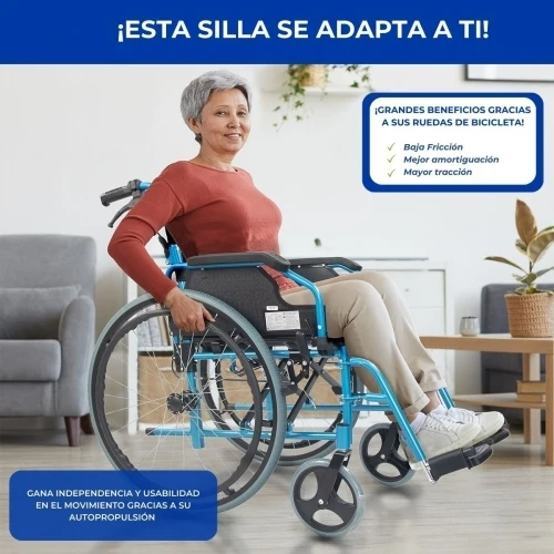 Paket Bolonia Plus | Faltrollstuhl | Blau | Aluminium | Anti-Dekubitus-Kissen | Viskoelastisch | Mobiclinic