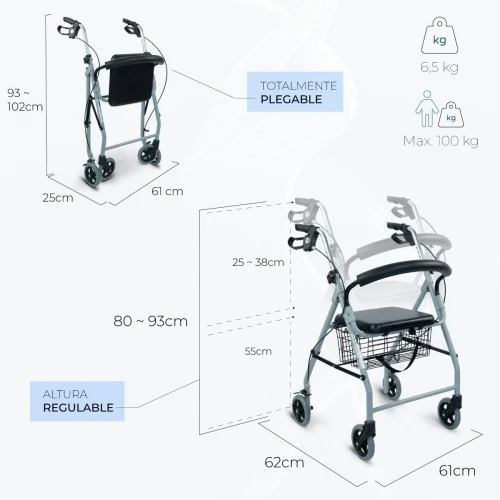 Paket Alhambra Plus | Aluminium-Gehhilfe | Grau | Faltbar | Anti-Dekubitus-Kissen | Viskoelastisch | Mobiclinic