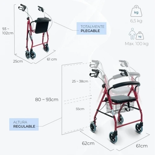 Paket Alhambra Plus | Aluminium-Gehhilfe | Bordeaux | Faltbar | Anti-Dekubitus-Kissen | Viskoelastisch | Mobiclinic
