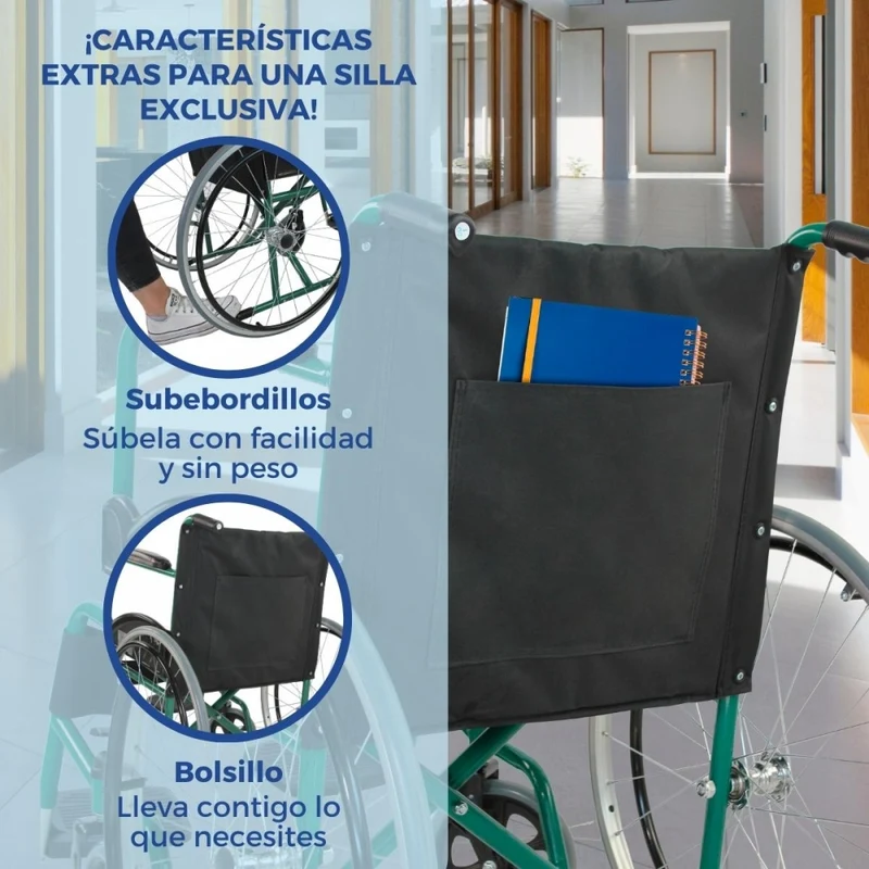 Rollstuhl | Faltbar | Großes Rad | Widerstandsfähig | Feste Armlehnen und Fußstützen | Grün | Alcazaba | Mobiclinic