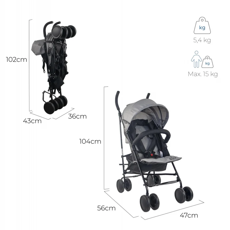 Kinderwagen | Zusammenklappbar | Klein | Rückenlehne verstellbar | Leichtbau-Faltbuggy | Elefant | Mobiclinic