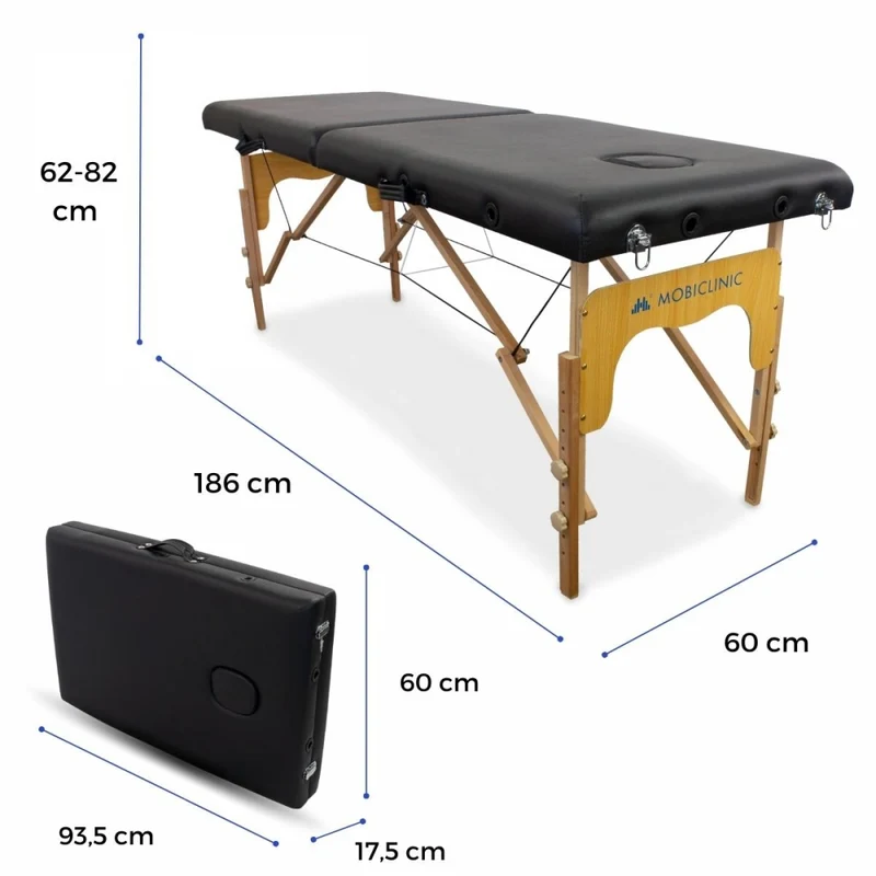 Massageliege klappbar | Holz | Tragbar | 180x60 cm | Schwarz | Modell: CM-01 BASIC | Mobiclinic