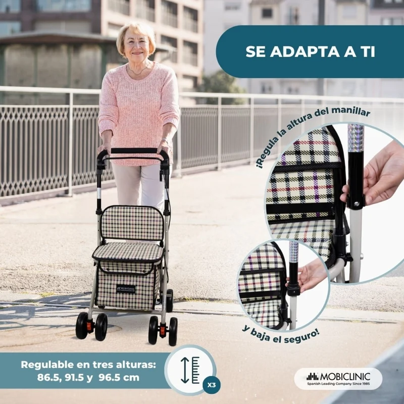 Einkaufswagen Rollator | 4 Räder | Zusammenklappbar | Mit Tasche | Mit Bremssystem | Kariert | Coliseo | Mobiclinic