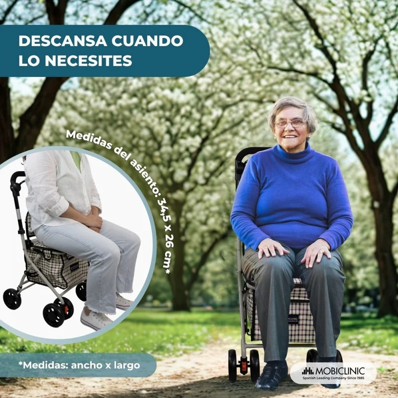Einkaufswagen Rollator | 4 Räder | Zusammenklappbar | Mit Tasche | Mit Bremssystem | Kariert | Coliseo | Mobiclinic