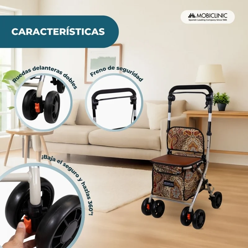 Einkaufswagen Rollator | 4 Räder | Zusammenklappbar | Mit Tasche | Mit Bremssystem | Muster | Coliseo | Mobiclinic