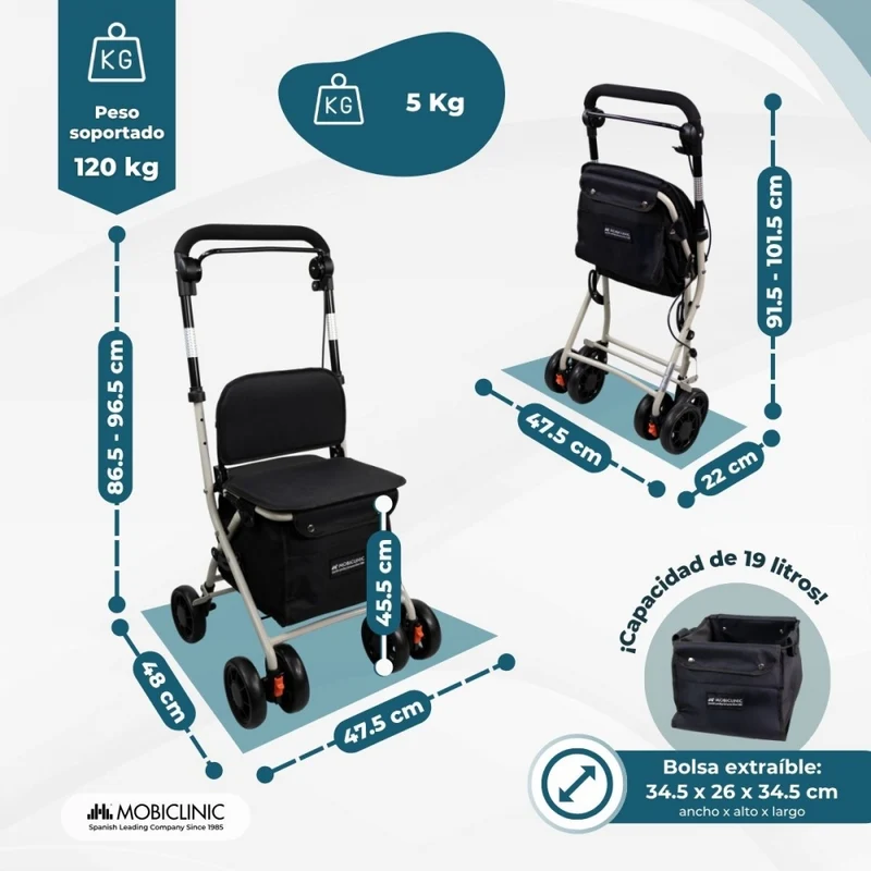 Einkaufswagen Rollator | 4 Räder | Zusammenklappbar | Mit Tasche | Mit Bremssystem | Schwarz | Coliseo | Mobiclinic