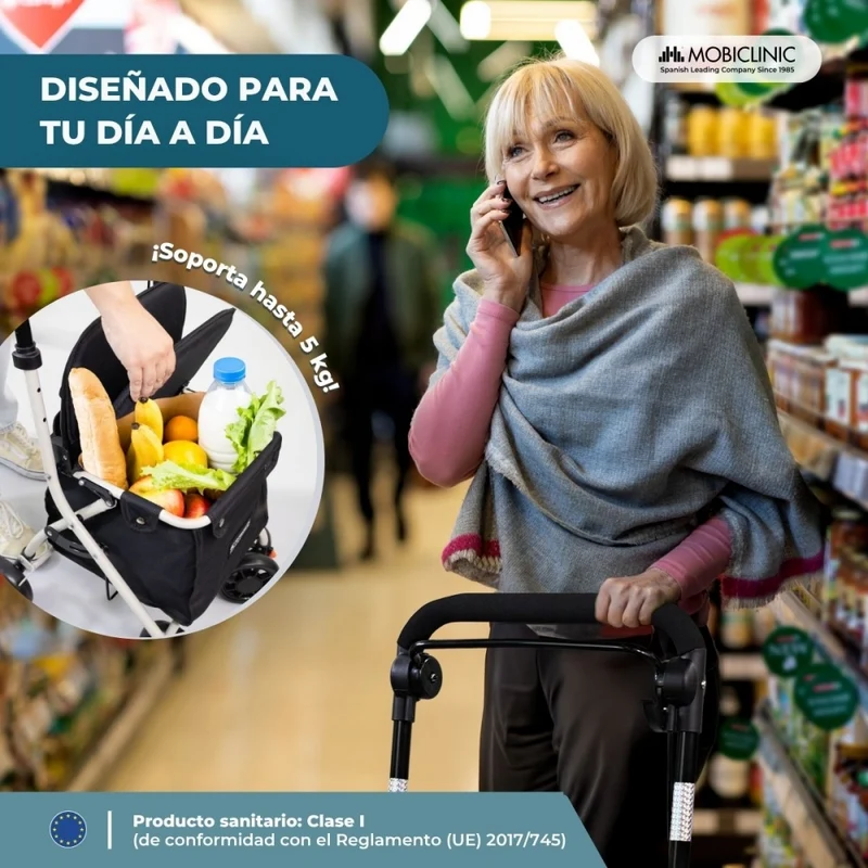 Einkaufswagen Rollator | 4 Räder | Zusammenklappbar | Mit Tasche | Mit Bremssystem | Schwarz | Coliseo | Mobiclinic