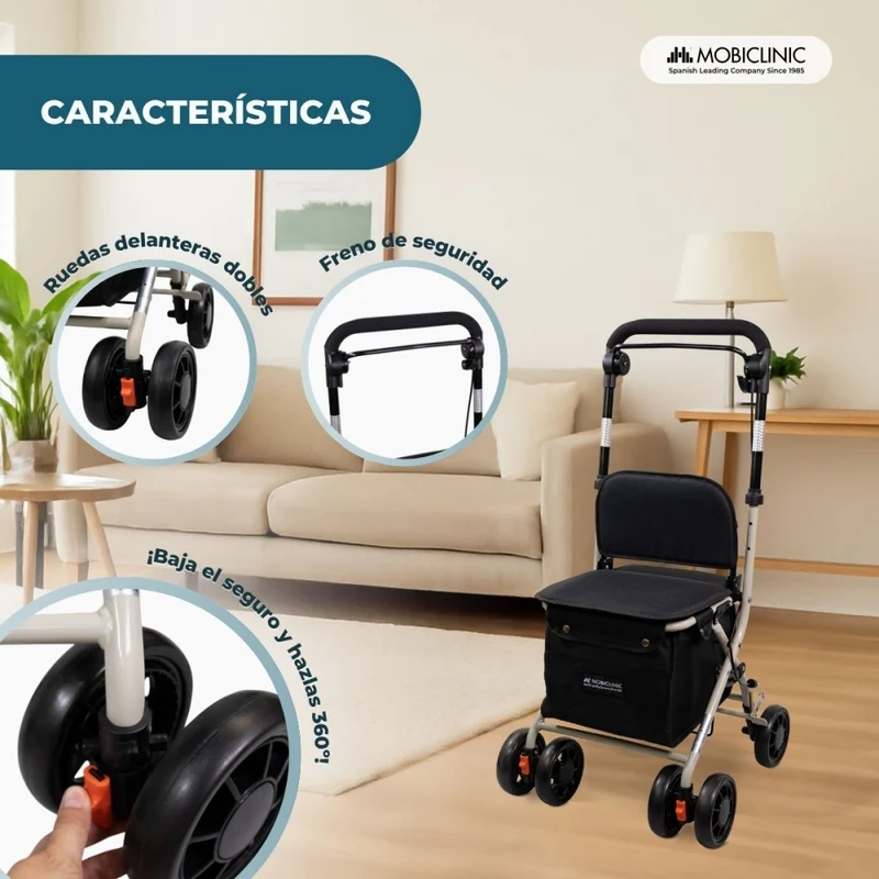 Einkaufswagen Rollator | 4 Räder | Zusammenklappbar | Mit Tasche | Mit Bremssystem | Schwarz | Coliseo | Mobiclinic