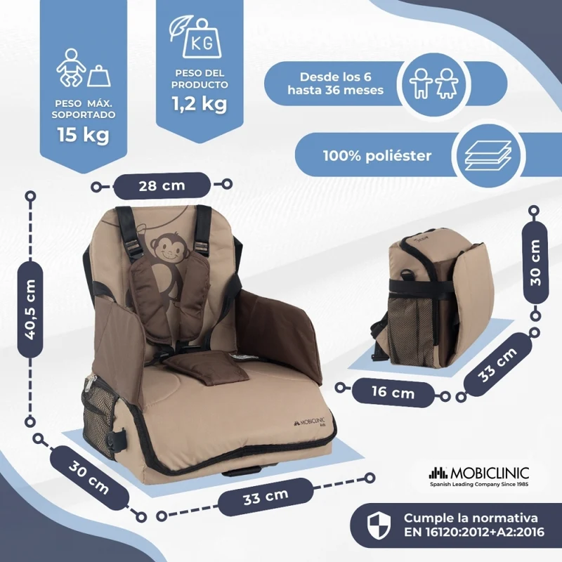 Reisehochstuhl mit Stauraum| Für Babys | Zusammenklappbar | Mit Tasche und Griff | Bis zu 15 kg | Beige | Monkey | Mobiclinic