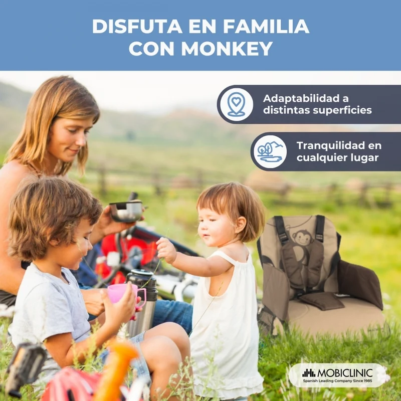 Reisehochstuhl mit Stauraum| Für Babys | Zusammenklappbar | Mit Tasche und Griff | Bis zu 15 kg | Beige | Monkey | Mobiclinic