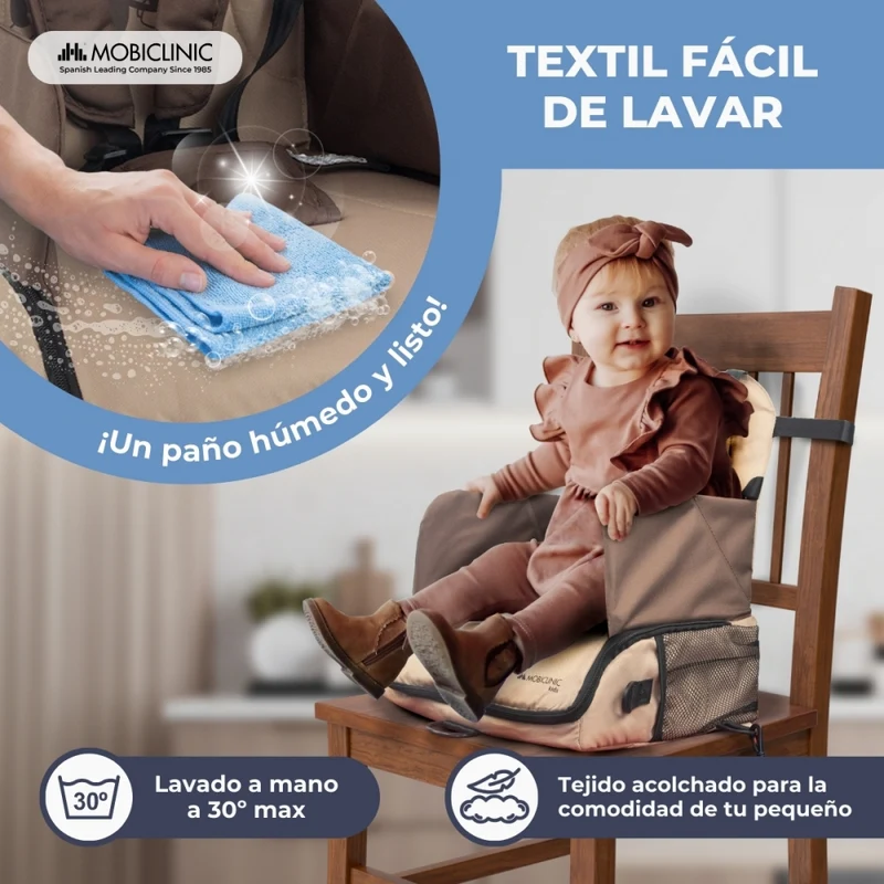 Reisehochstuhl mit Stauraum| Für Babys | Zusammenklappbar | Mit Tasche und Griff | Bis zu 15 kg | Beige | Monkey | Mobiclinic