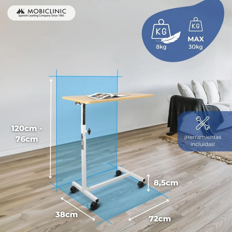 Betttisch auf Rollen | Höhenverstellbar | Leicht | Holz | Meseta | Mobiclinic