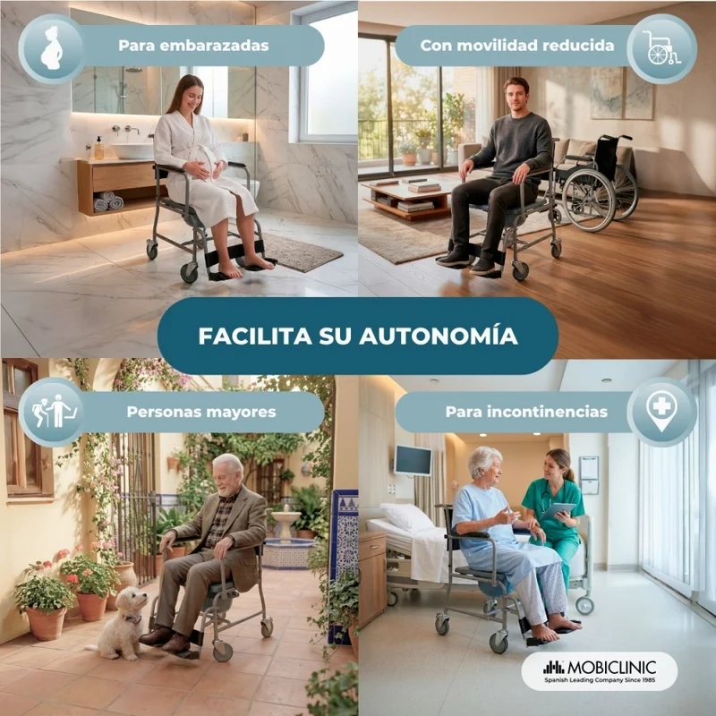 Toilettenstuhl | Fahrbahr | Klappbare Armlehnen | abnehmbare Fußstützen | Grau |Ancla | Mobiclinic