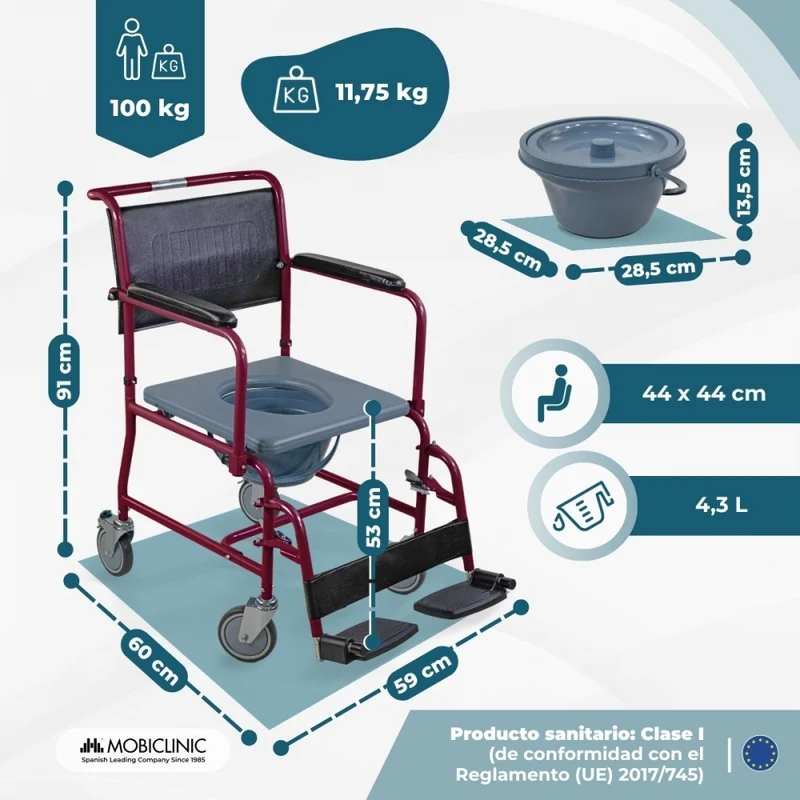 Toilettenstuhl | Fahrbahr | Klappbare Armlehnen | abnehmbare Fußstützen | Bordeaux |Ancla | Mobiclinic