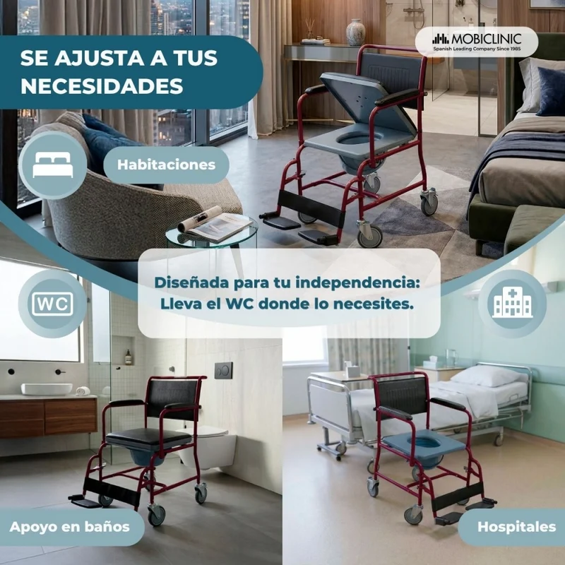 Toilettenstuhl | Fahrbahr | Klappbare Armlehnen | abnehmbare Fußstützen | Bordeaux |Ancla | Mobiclinic