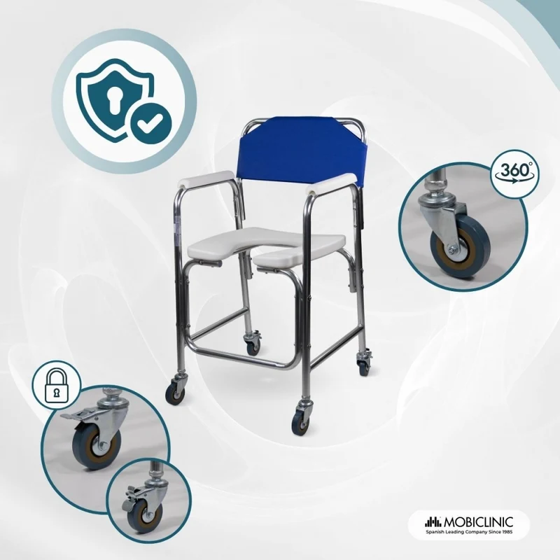 Toilettenstuhl | Fahrbar | Aluminium | Gepolsterte Armlehnen | Blau | Manzanares | Mobiclinic