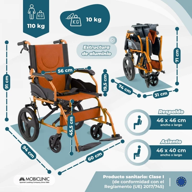 Faltbarer Rollstuhl | Aluminium | Bremse an Handgriffen | Fußstütze | Armlehnen | Orange | Modell: Pirámide | Mobiclinic