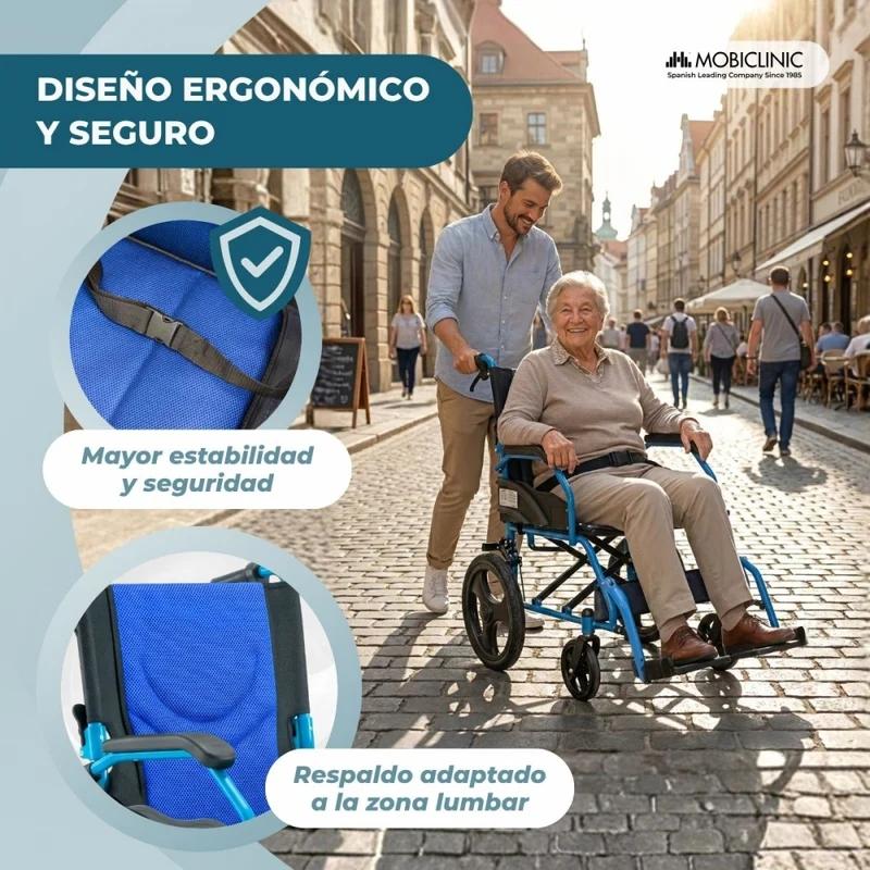 Faltbarer Rollstuhl | Aluminium | Handbremsen | Fußstützen | Armlehnen | Blau | Modell: Pirámide | Mobiclinic