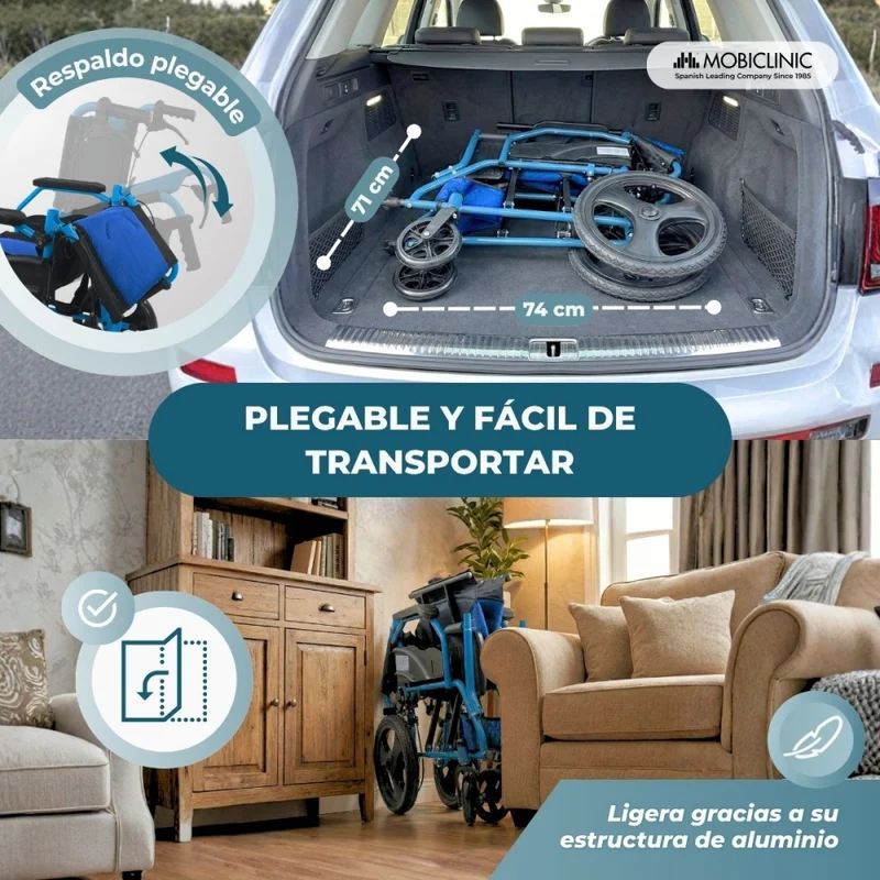 Faltbarer Rollstuhl | Aluminium | Handbremsen | Fußstützen | Armlehnen | Blau | Modell: Pirámide | Mobiclinic