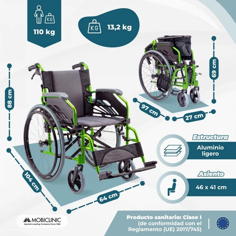 Rollstuhl | Aluminium | Faltbar | Geteilte Rückenlehne | Grün | Modell Bolonia | Mobiclinic