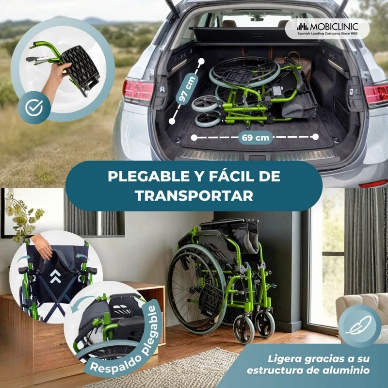 Rollstuhl | Aluminium | Faltbar | Geteilte Rückenlehne | Grün | Modell Bolonia | Mobiclinic