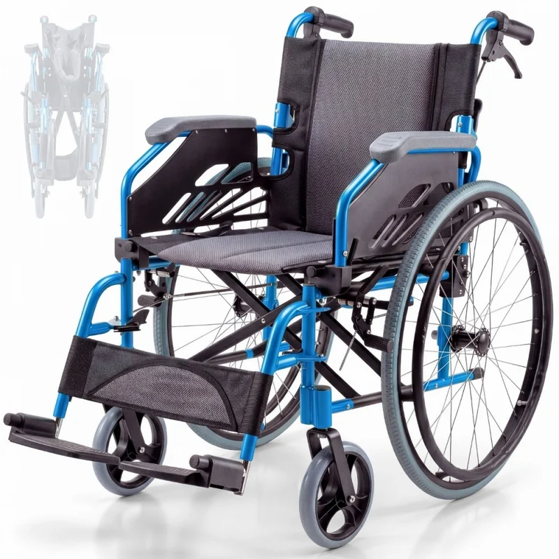 Rollstuhl | Aluminium | Faltbar | Geteilte Rückenlehne | Umklappbare Armlehnen| Blau | Modell Bolonia | Mobiclinic