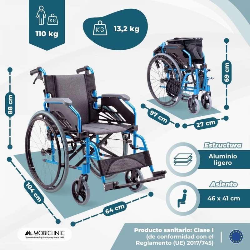 Rollstuhl | Aluminium | Faltbar | Geteilte Rückenlehne | Umklappbare Armlehnen| Blau | Modell Bolonia | Mobiclinic