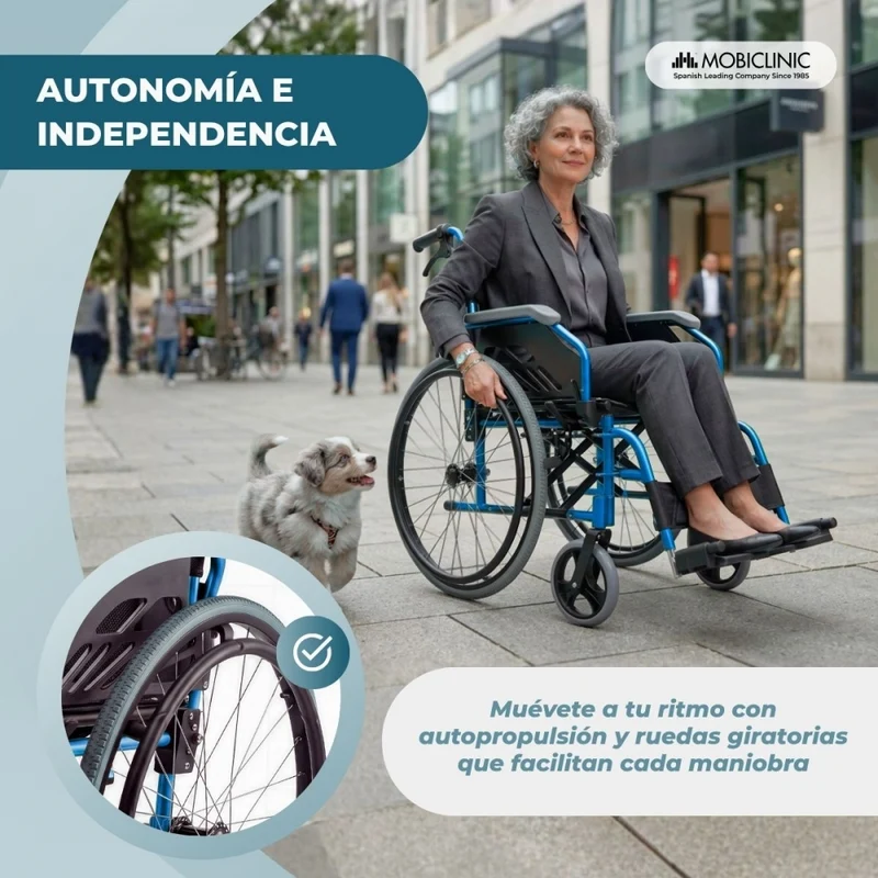 Rollstuhl | Aluminium | Faltbar | Geteilte Rückenlehne | Umklappbare Armlehnen| Blau | Modell Bolonia | Mobiclinic