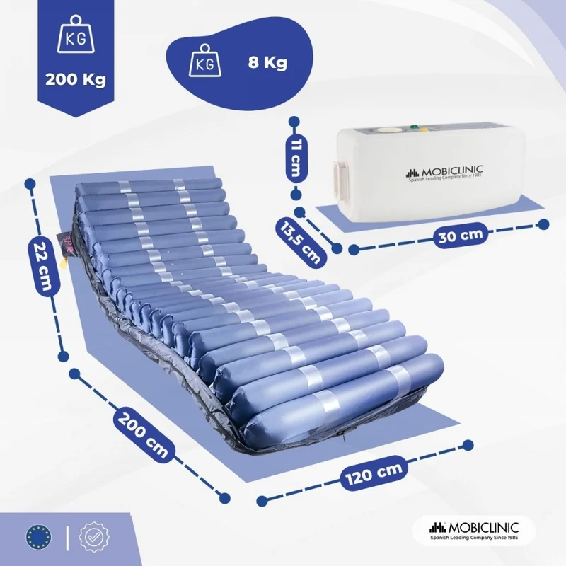 Anti-Dekubitus-Matratze | Breiter | Mit Kompressor | TPU-Nylon | 200x120x22 | 20 Zellen | Blau | Mobi 4 PLUS | Mobiclinic