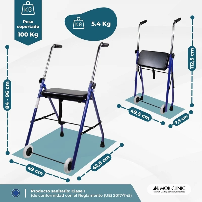 Rollator für ältere Menschen | Faltbar | Sitz | 2 Räder | Blau | Emérita | Mobiclinic