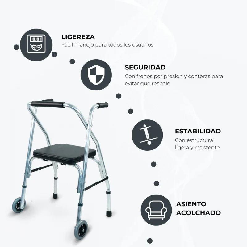 Rollator| 2 Räder | Gepolsterter Sitz | Zusammenklappbar |Verstellbar| Silber | Compostela | Mobiclinic