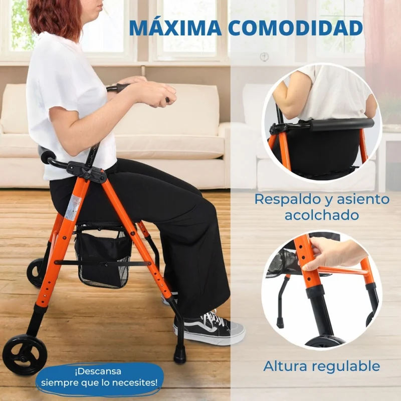 Premium Rollator | 2 Räder | Faltbar und höhenverstellbar | Sitz und Korb | Stahl| Orange | Nerón | Mobiclinic