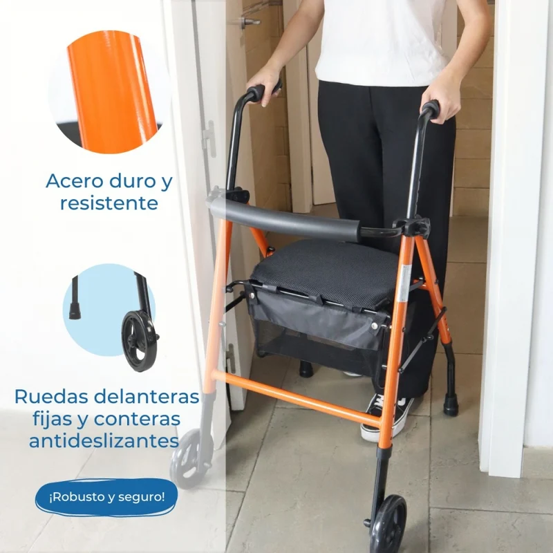 Premium Rollator | 2 Räder | Faltbar und höhenverstellbar | Sitz und Korb | Stahl| Orange | Nerón | Mobiclinic