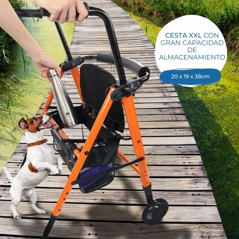 Premium Rollator | 2 Räder | Faltbar und höhenverstellbar | Sitz und Korb | Stahl| Orange | Nerón | Mobiclinic