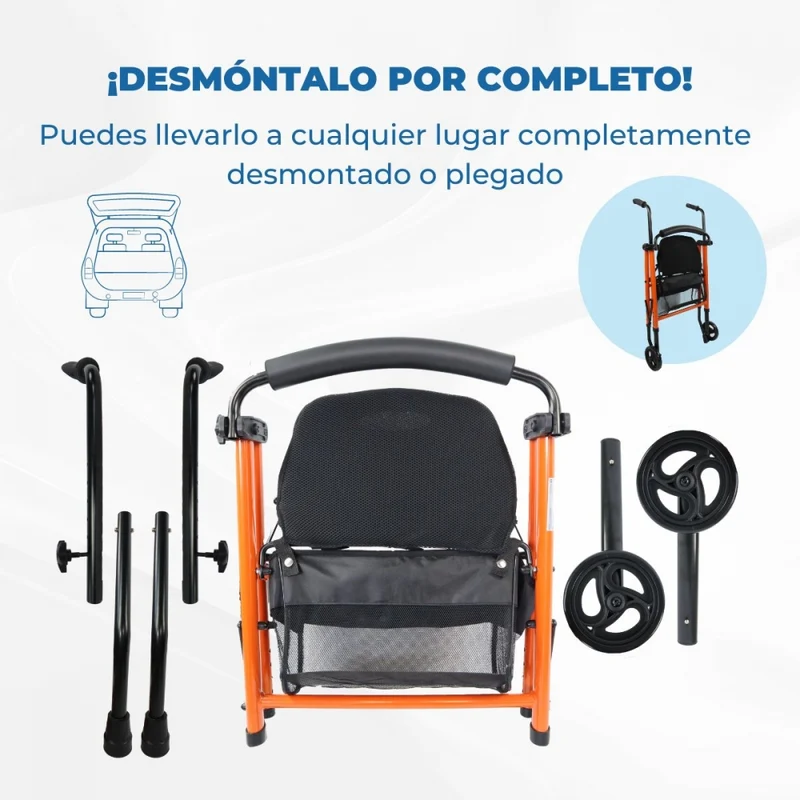 Premium Rollator | 2 Räder | Faltbar und höhenverstellbar | Sitz und Korb | Stahl| Orange | Nerón | Mobiclinic